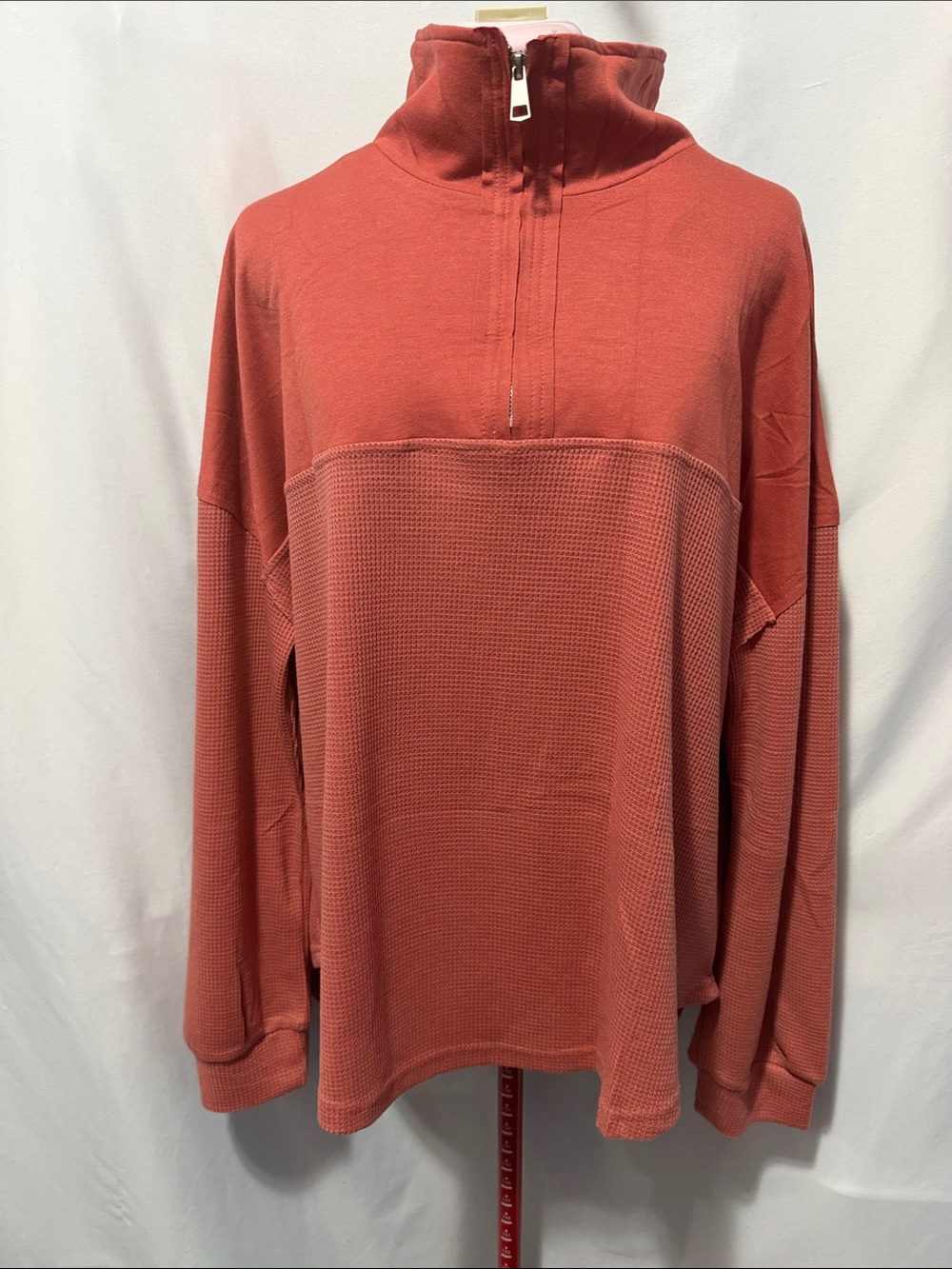 Waffle-Knit Half-Zip Pullover Sweatshirt - Rust